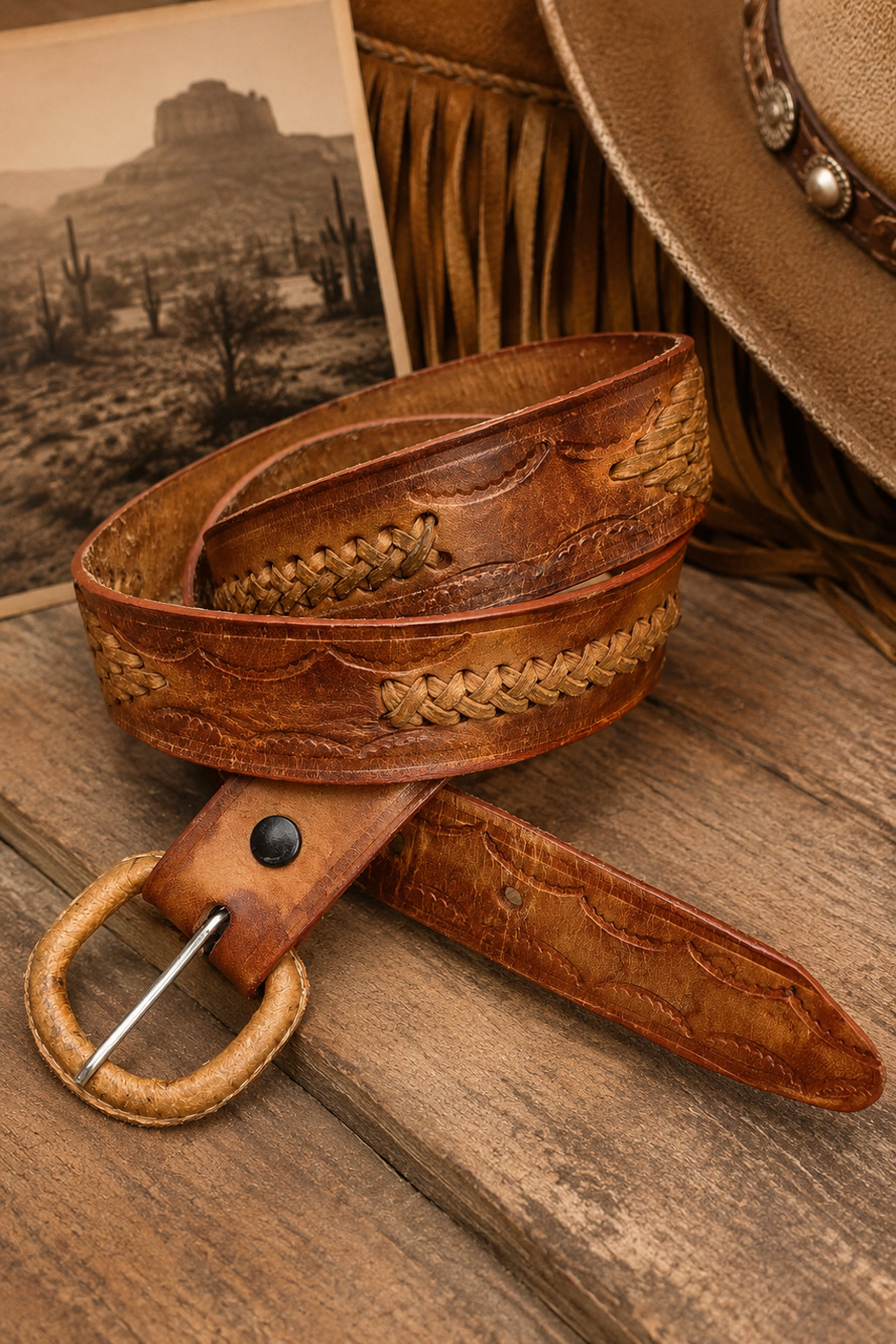 Vintage Camel Leather Belt Womens L XL Tooled Woven Western Detachable Buckle